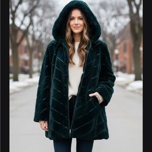Dennis Basso Dark Green Faux Fur Hooded Jacket